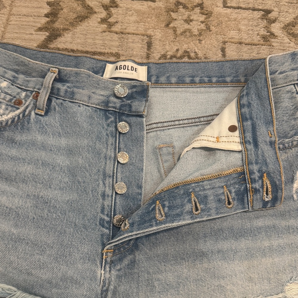 Agolde Light Blue Distressed Denim Cutoff Shorts - Picture 3 of 7